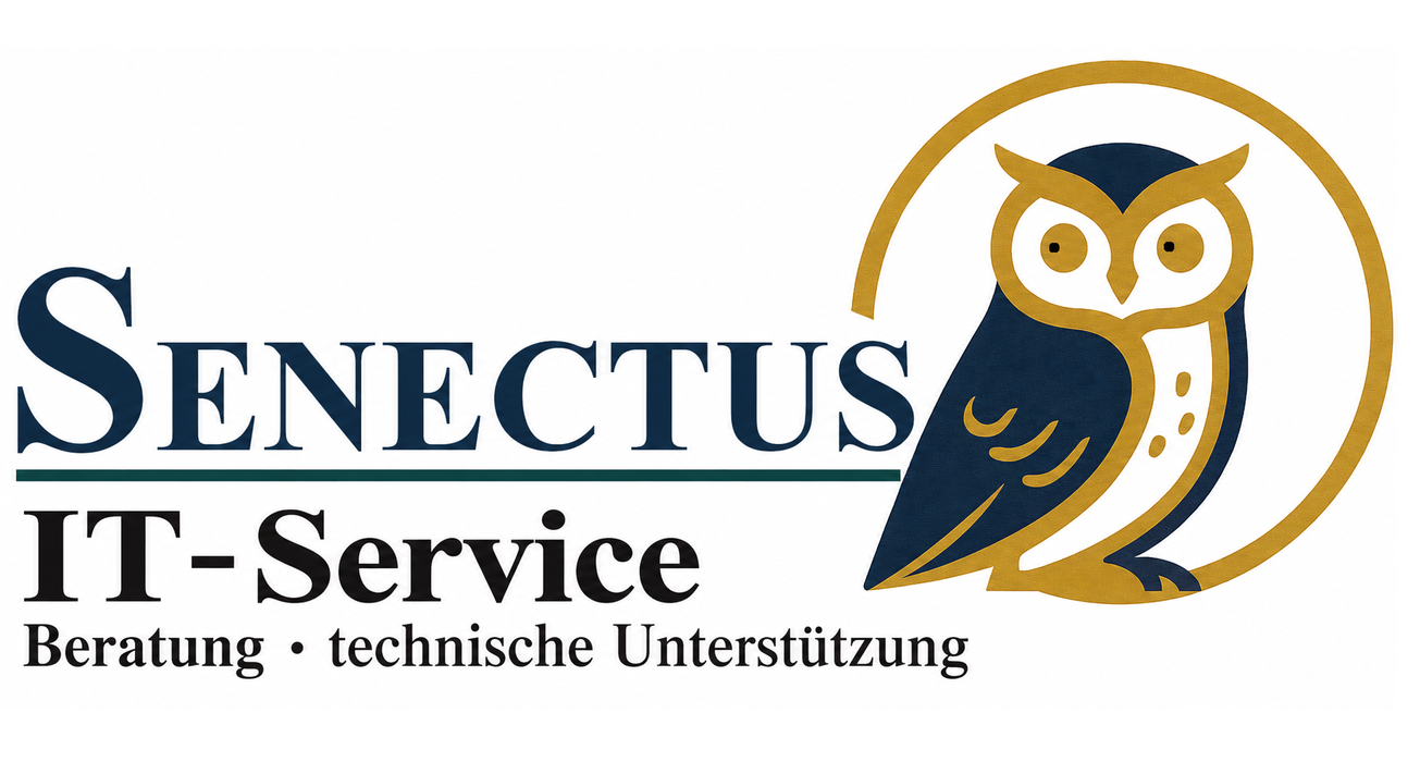 SENECTUS IT-Service – Eule in Dunkelblau und Gold